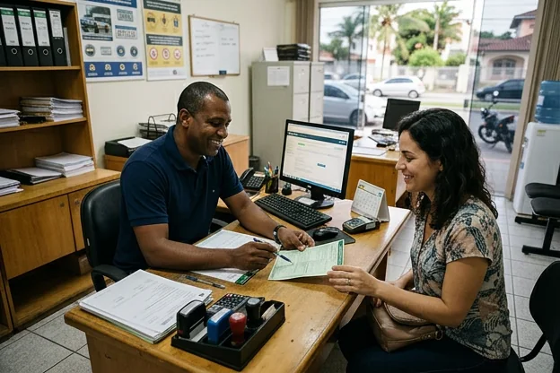 Despachante em Guarujá atendendo a um cliente, demonstrando apoio na documentação.