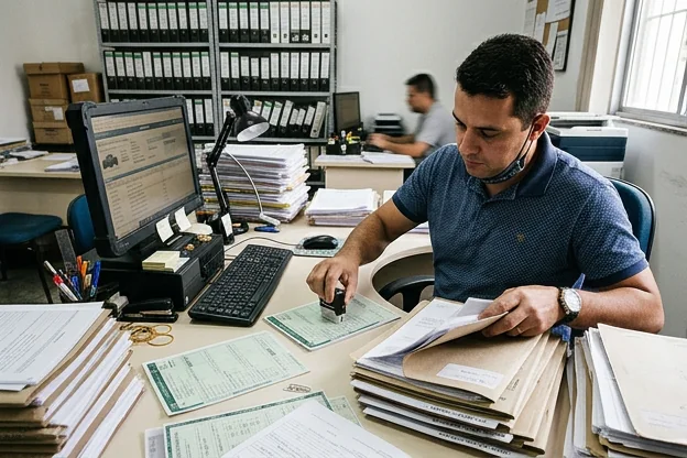 Despachante em Guarujá organizando documentos para serviços de veículos.